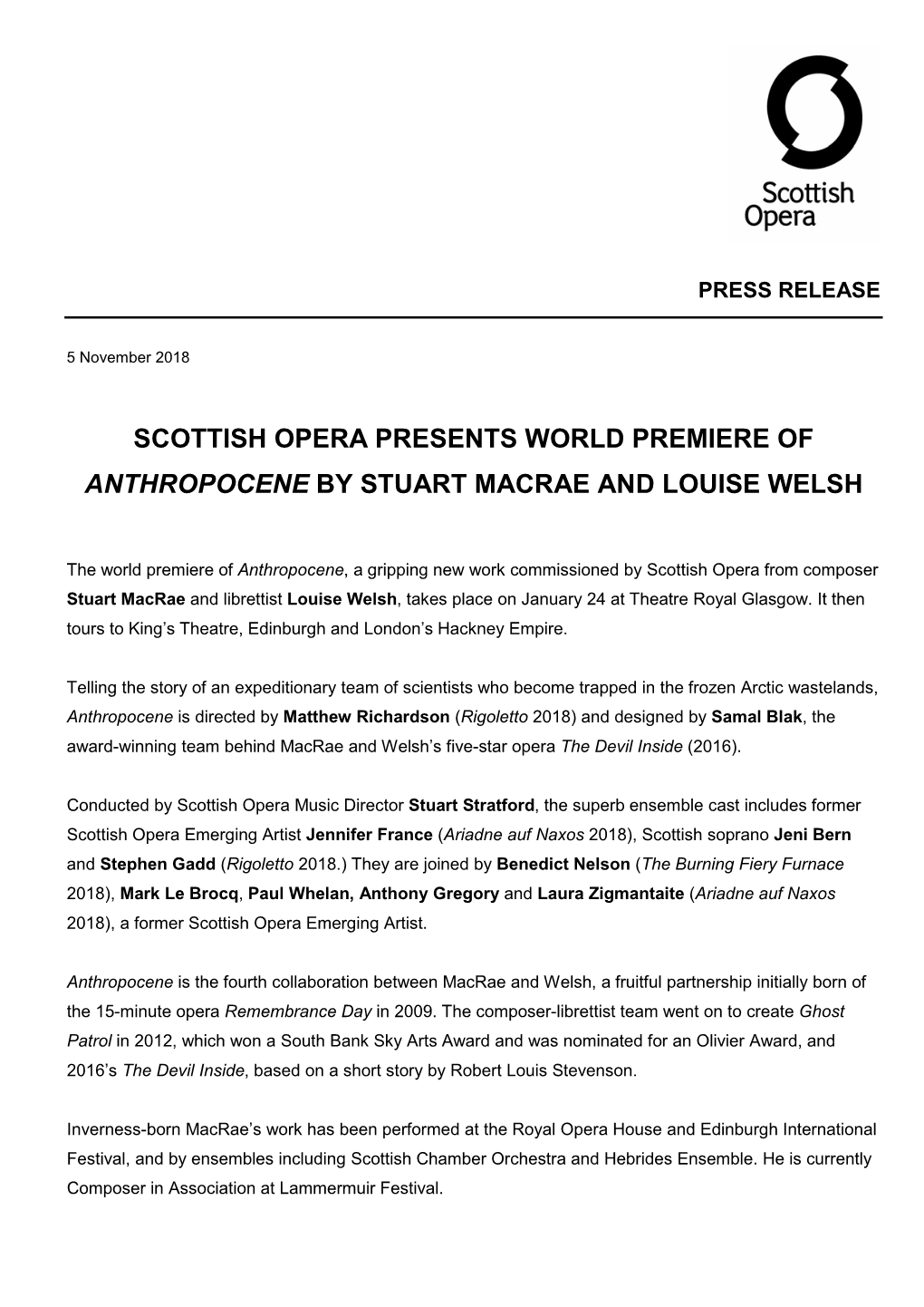 Scottish Opera Presents World Premiere of Anthropocene by Stuart Macrae and Louise Welsh