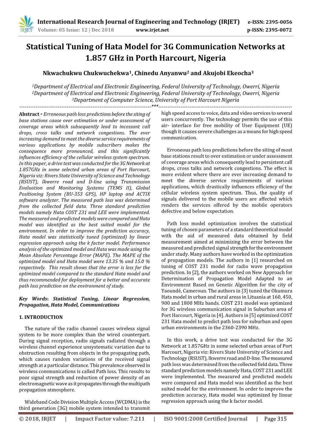 Statistical Tuning of Hata Model for 3G Communication Networks at 1.857 Ghz in Porth Harcourt, Nigeria