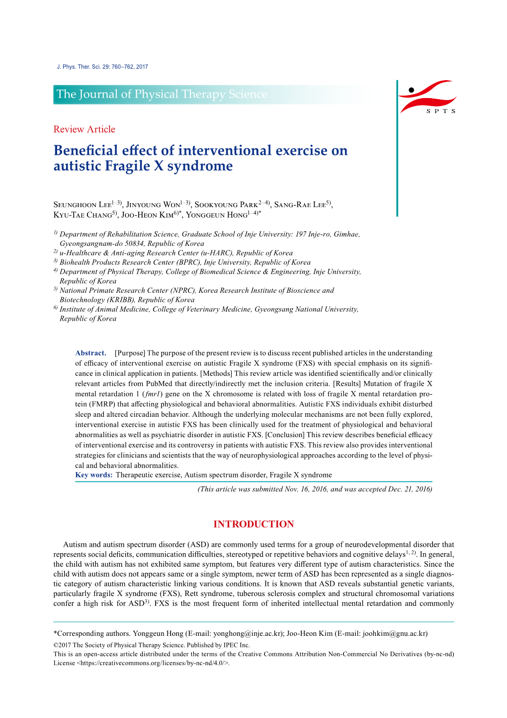 Beneficial Effect of Interventional Exercise on Autistic Fragile X Syndrome