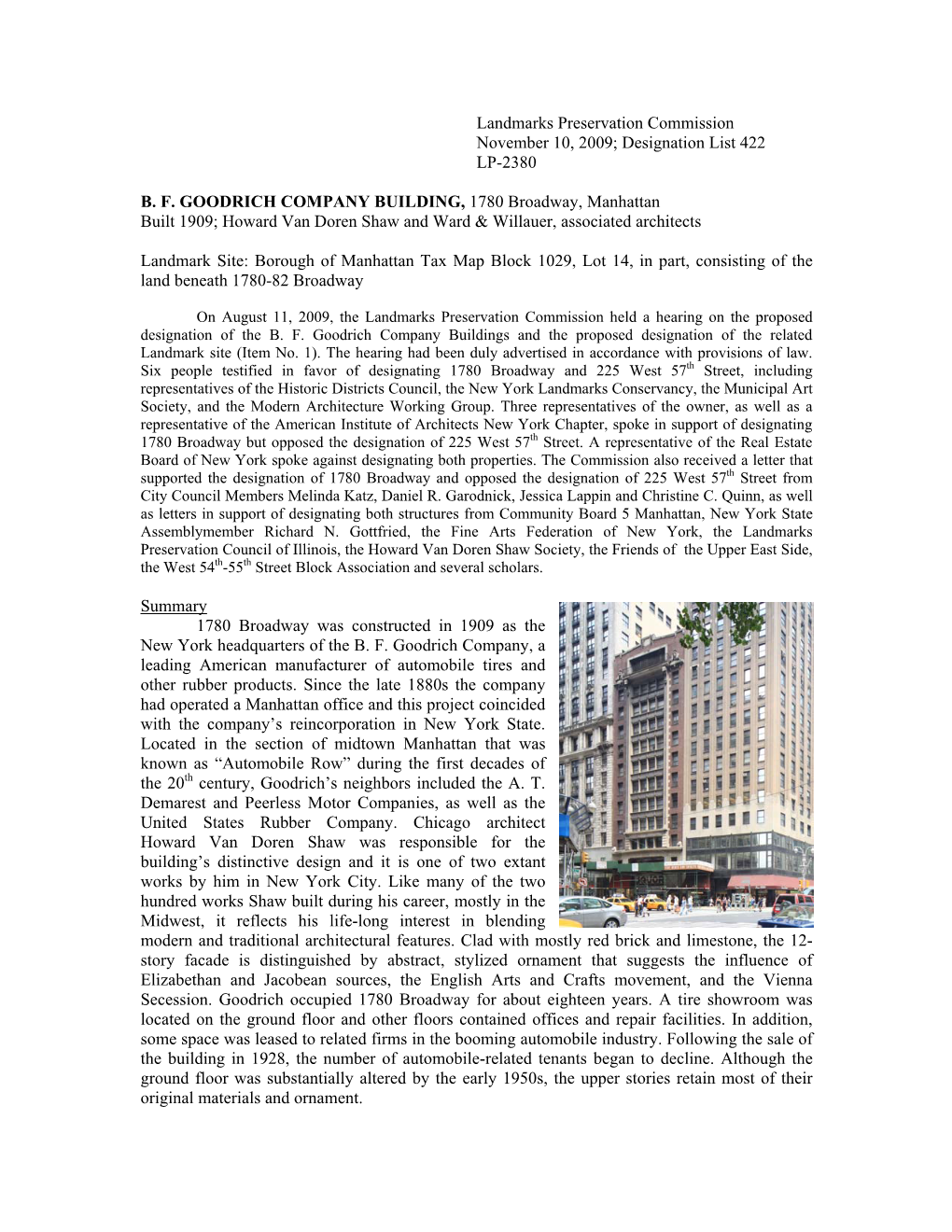 B. F. GOODRICH COMPANY BUILDING, 1780 Broadway, Manhattan Built 1909; Howard Van Doren Shaw and Ward & Willauer, Associated Architects