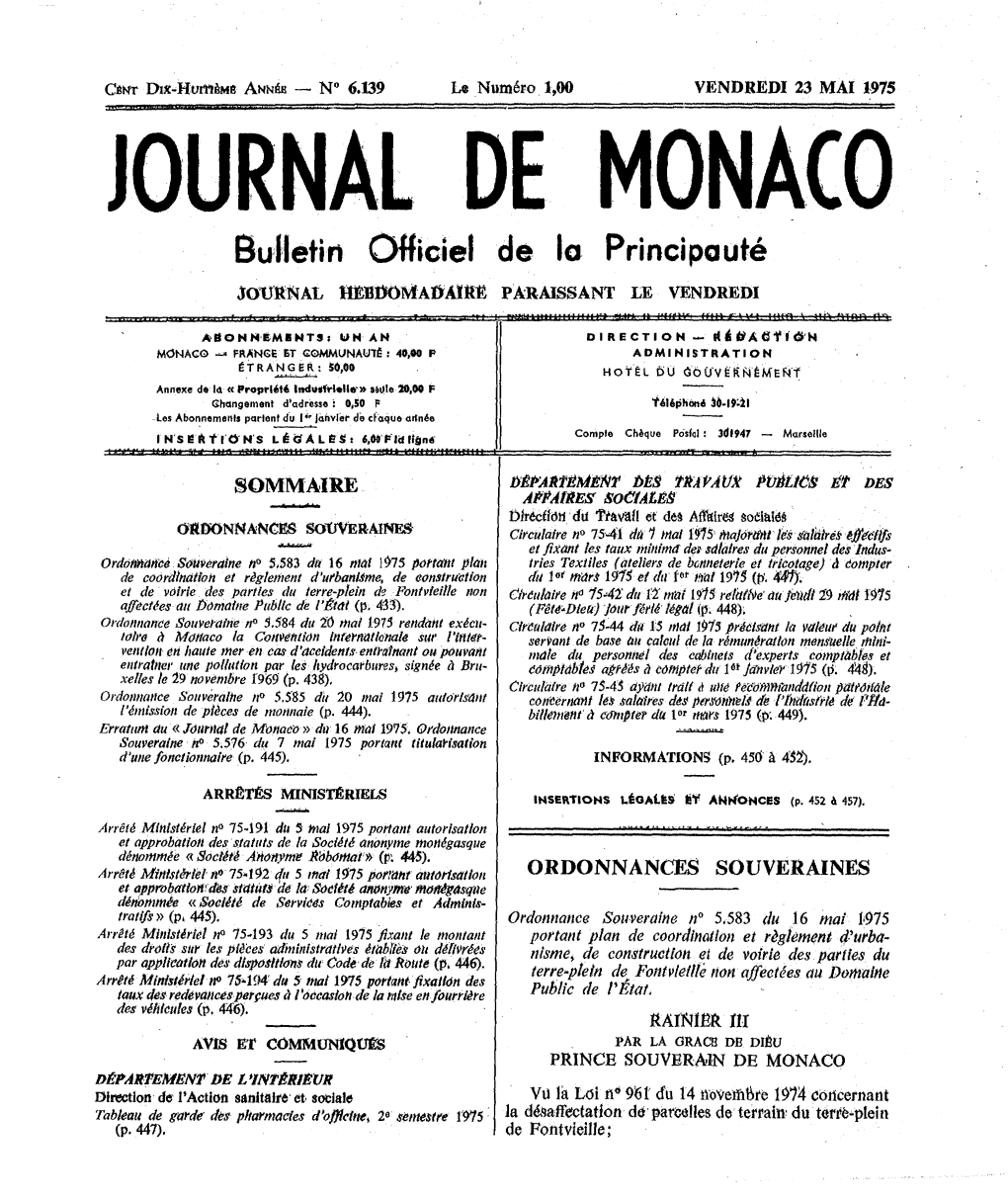 JOURNAL DE MONACO Bulletin Officiel De La Principauté