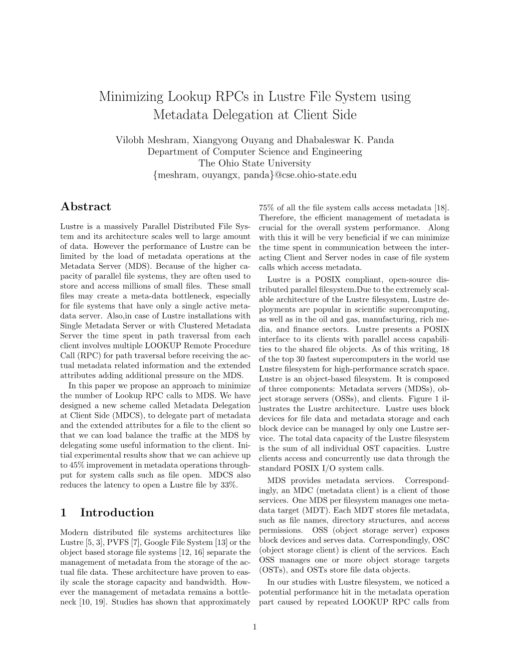 Minimizing Lookup Rpcs in Lustre File System Using Metadata Delegation at Client Side