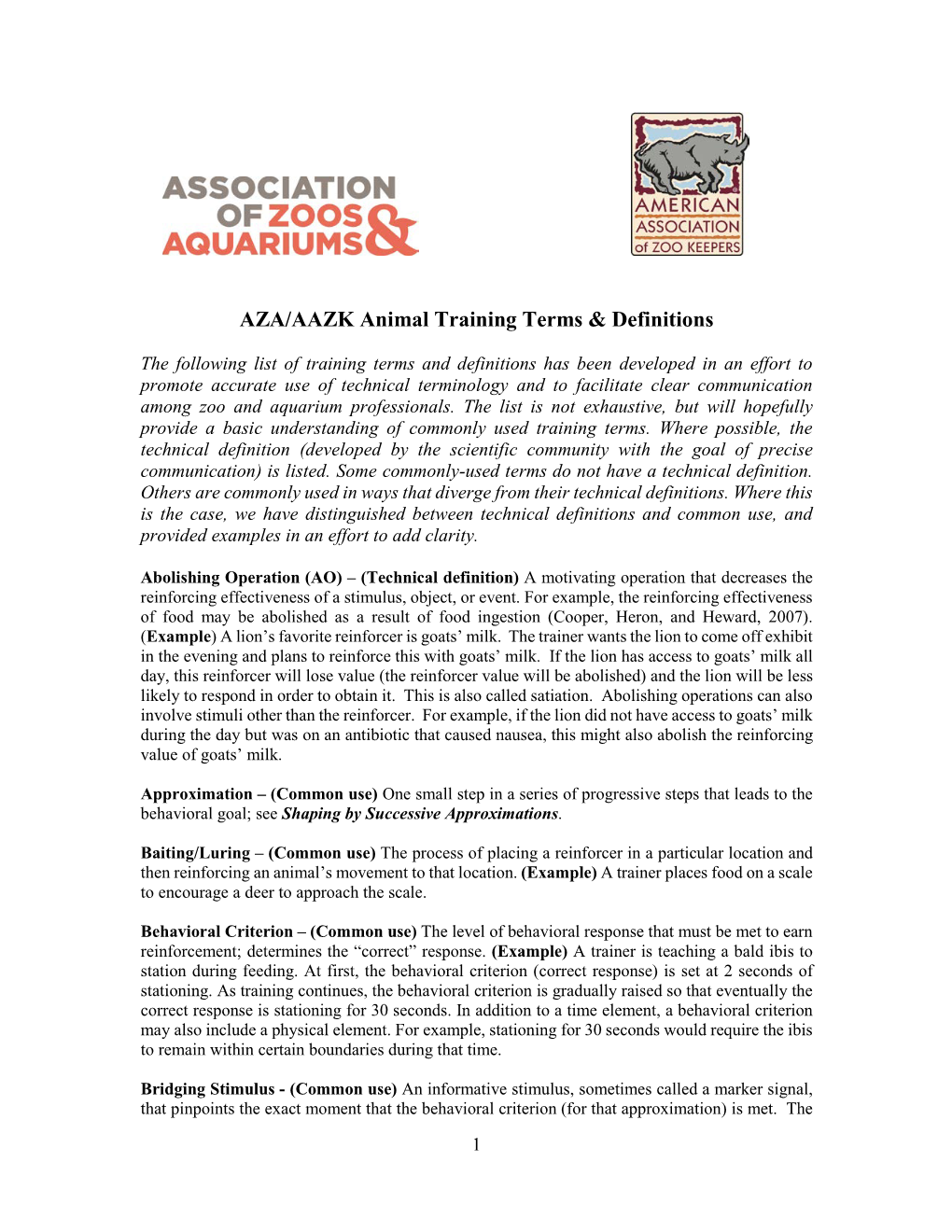 AZA/AAZK Animal Training Terms & Definitions