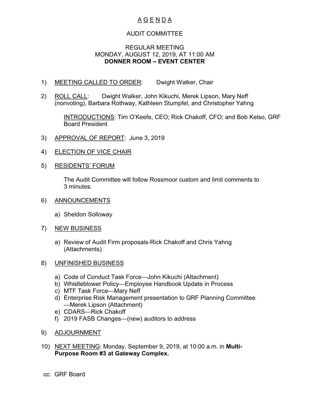 Audit Agenda, Aug. 12, 2019