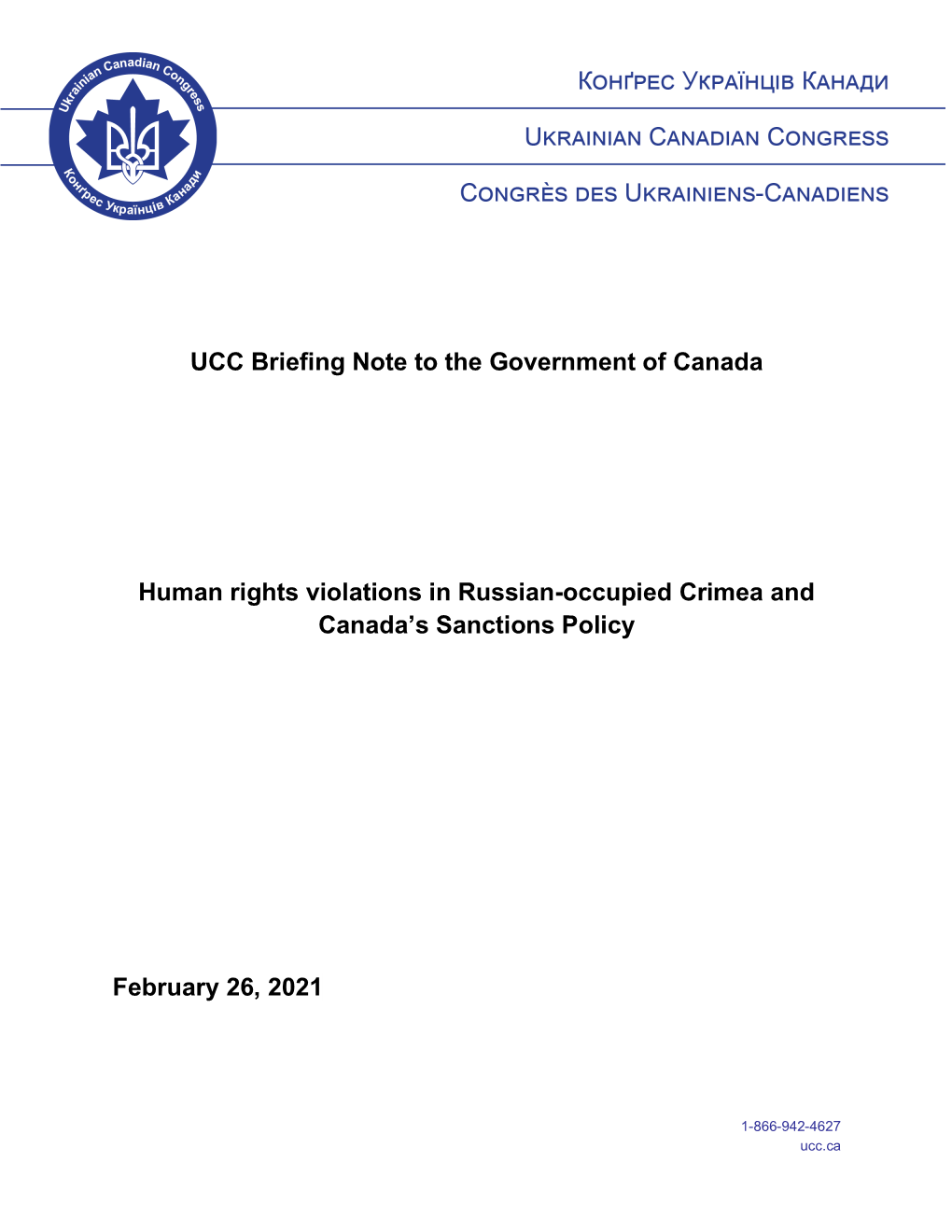 UCC Briefing Note to the Government of Canada Human Rights