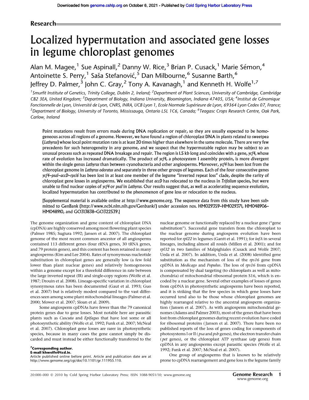 Localized Hypermutation and Associated Gene Losses in Legume Chloroplast Genomes