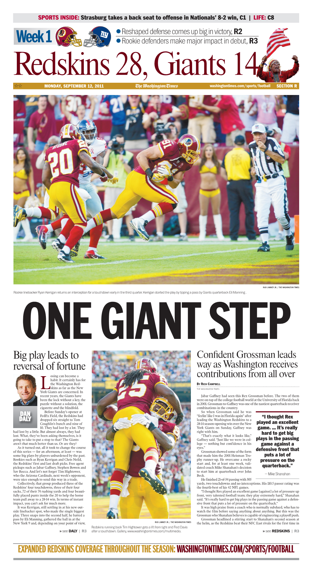 Week 1 ●Rookie Defenders Make Major Impact in Debut, R3 Redskins 28, Giants 14 ଁଁ MONDAY, SEPTEMBER 12, 2011 Washingtontimes.Com/Sports/Football SECTION R