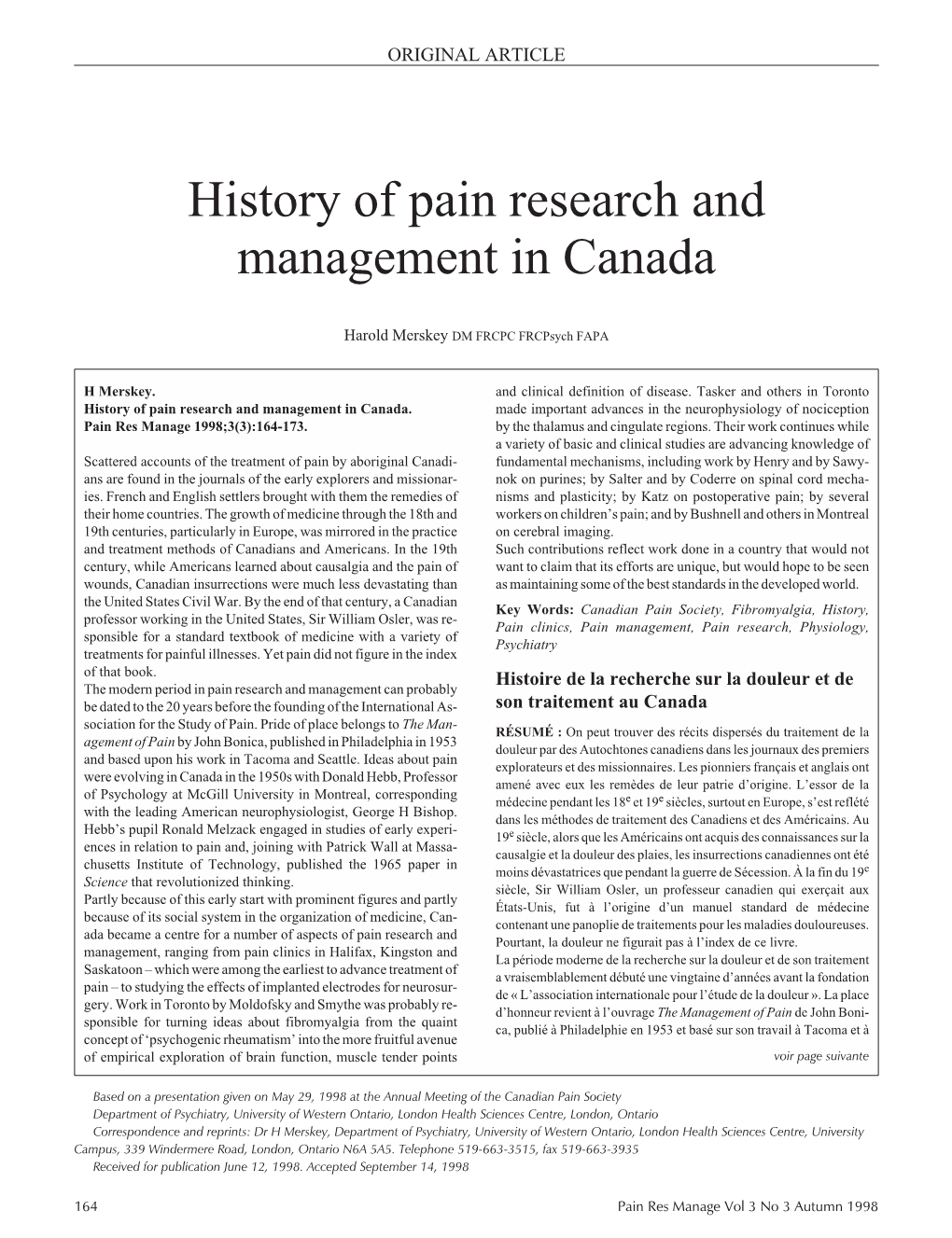 History of Pain Research and Management in Canada