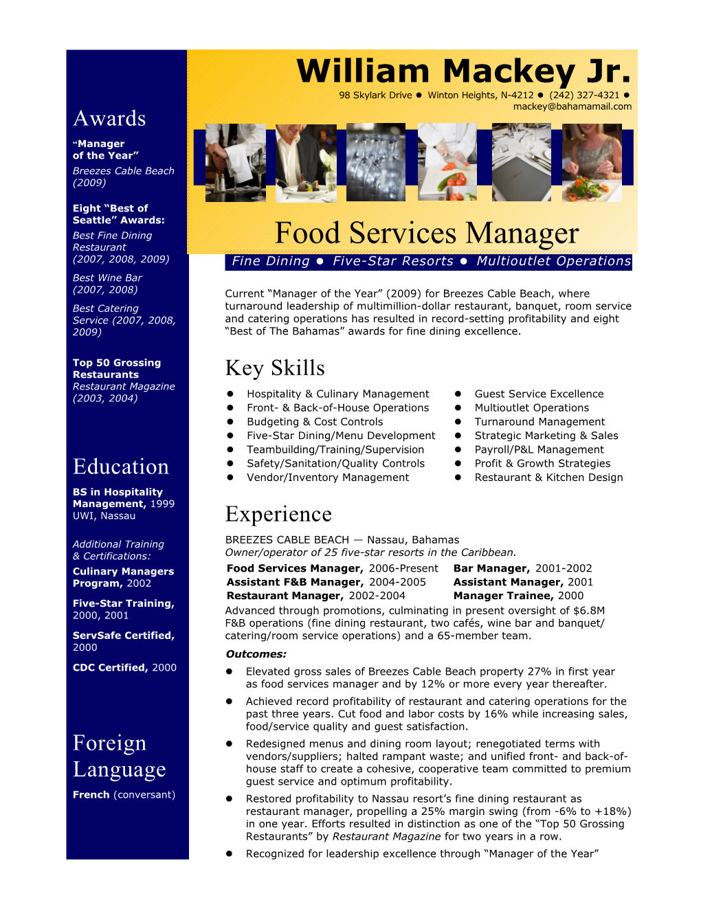 Sample Resume for a Food Services Manager