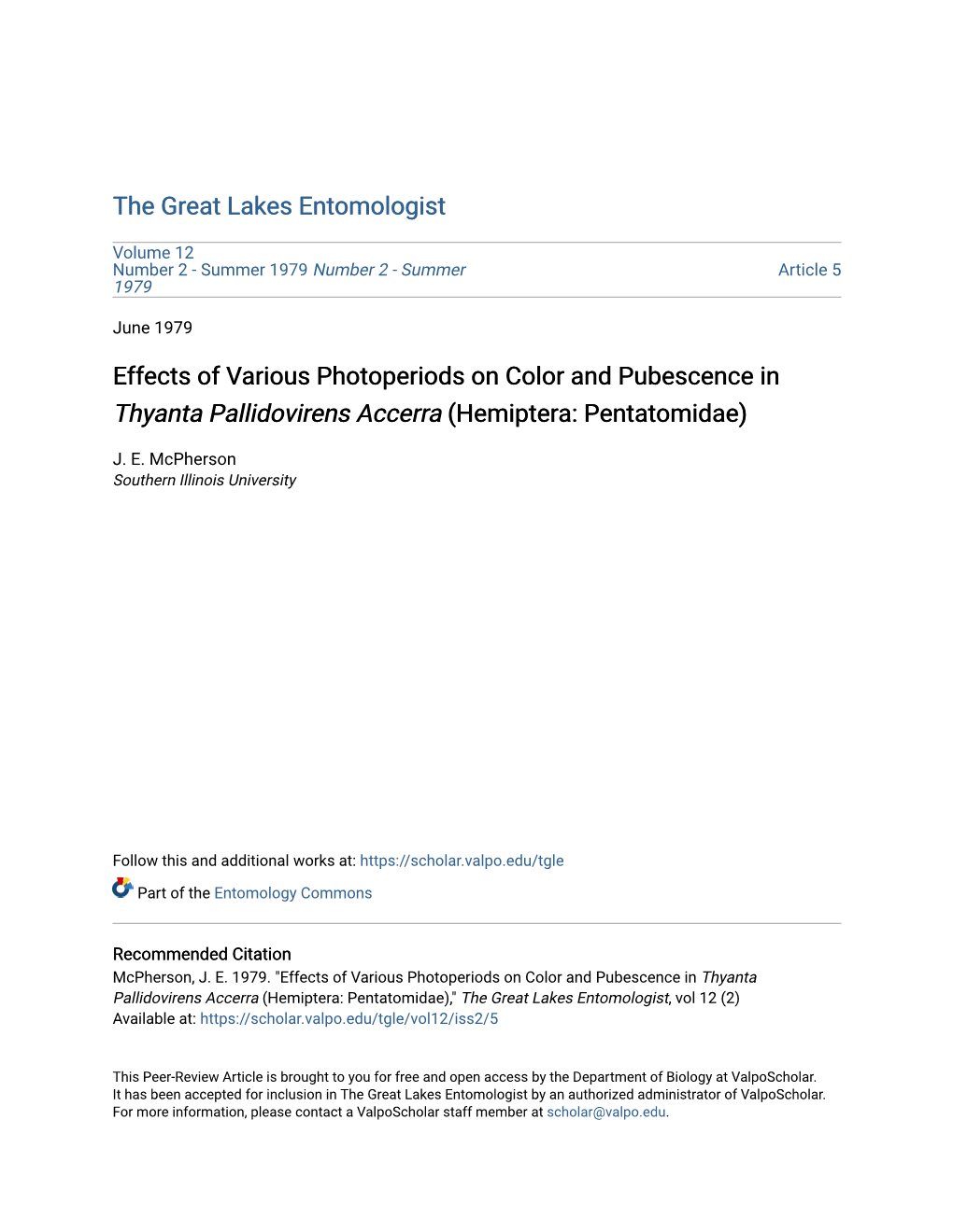 Effects of Various Photoperiods on Color and Pubescence in Thyanta Pallidovirens Accerra (Hemiptera: Pentatomidae)