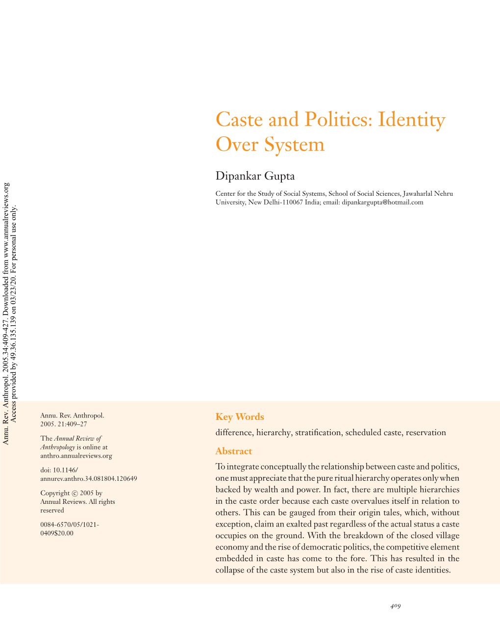 Caste and Politics: Identity Over System