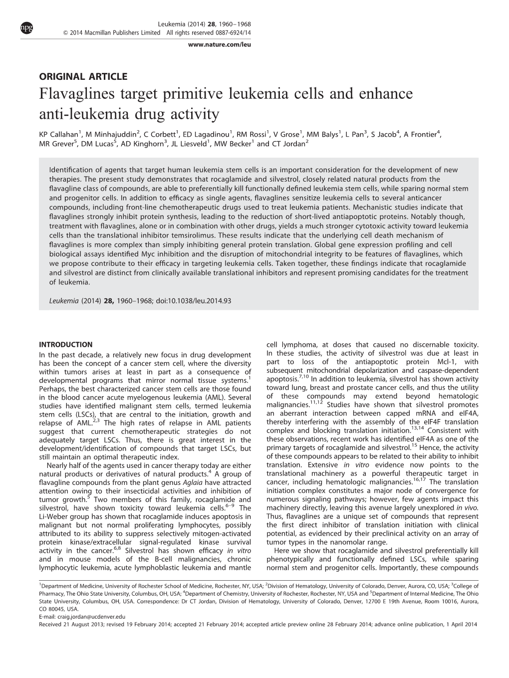 Flavaglines Target Primitive Leukemia Cells and Enhance Anti-Leukemia Drug Activity