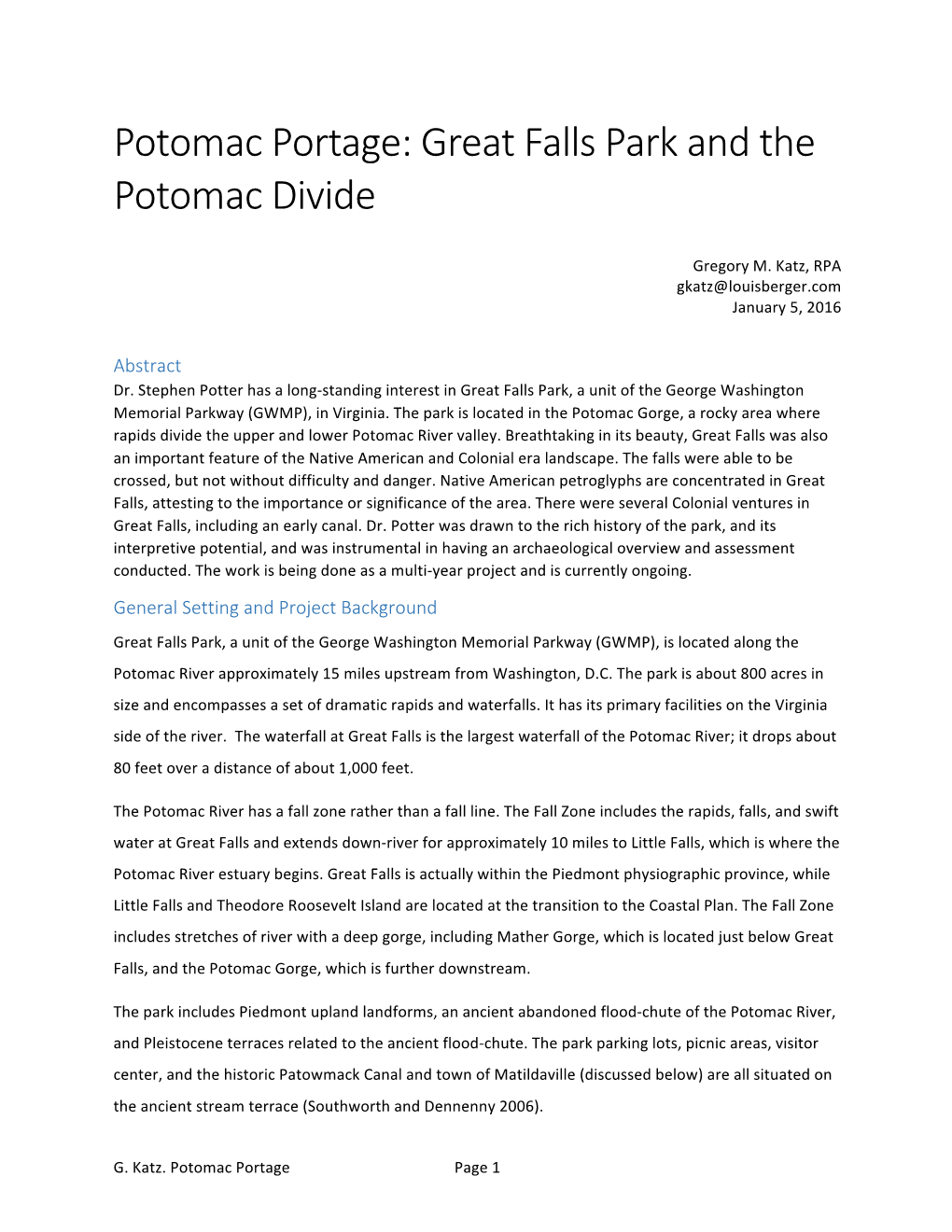 Potomac Portage: Great Falls Park and the Potomac