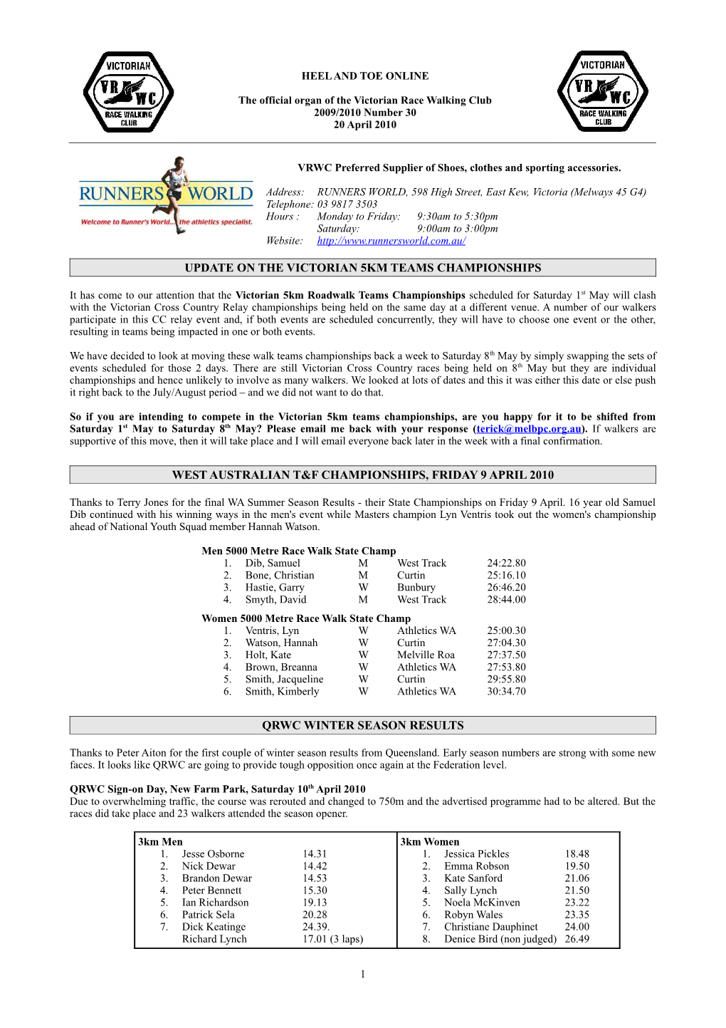 Update on the Victorian 5Km Teams Championships West