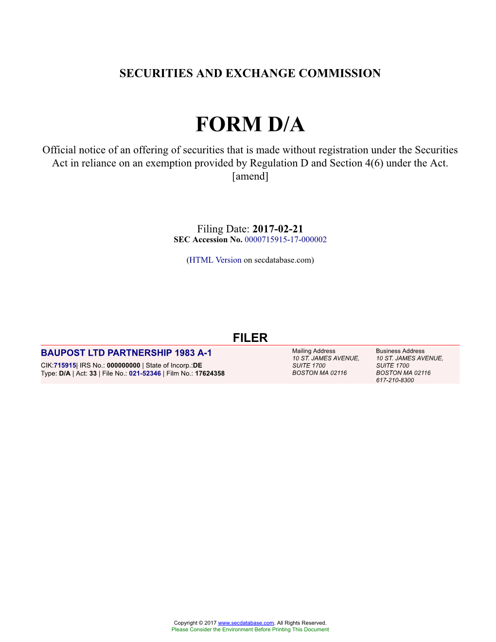 BAUPOST LTD PARTNERSHIP 1983 A-1 Form D/A Filed 2017-02-21