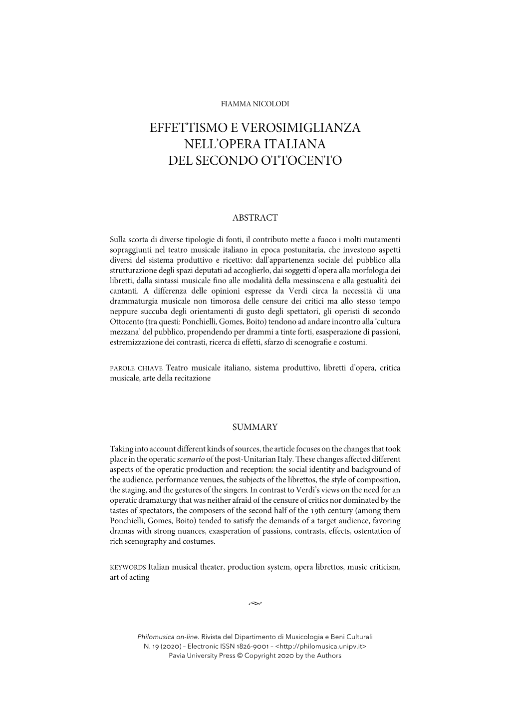 Effettismo E Verosimiglianza Nell'opera Italiana Del