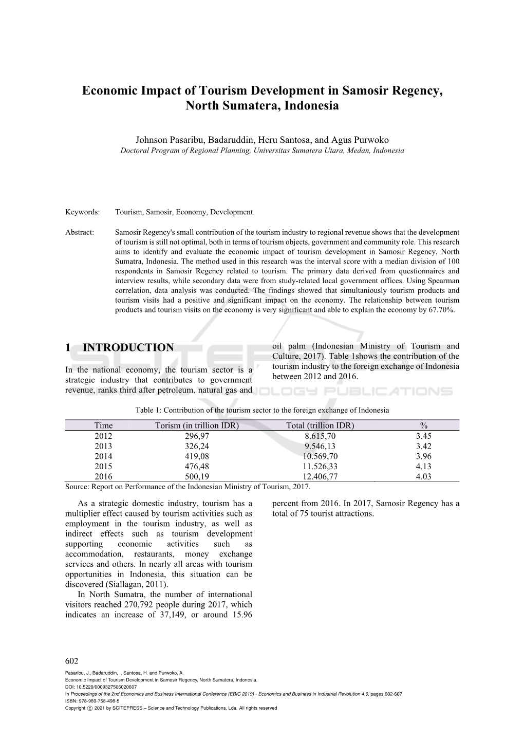 Economic Impact of Tourism Development in Samosir Regency, North Sumatera, Indonesia