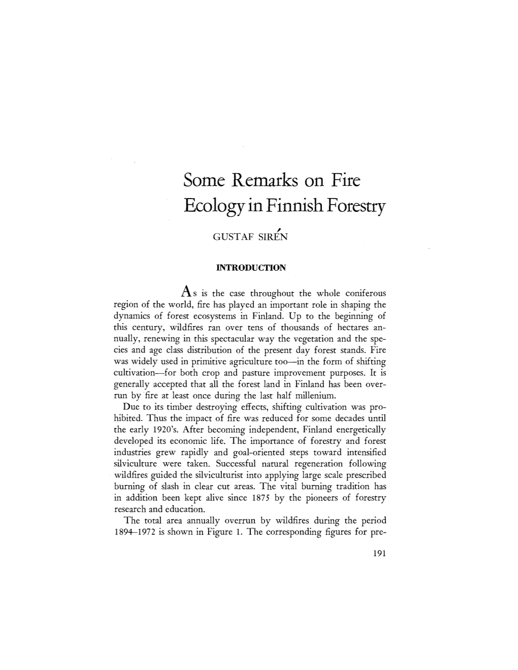 Some Remarks on Fire Ecology in Finnish Forestry , GUSTAF SIREN