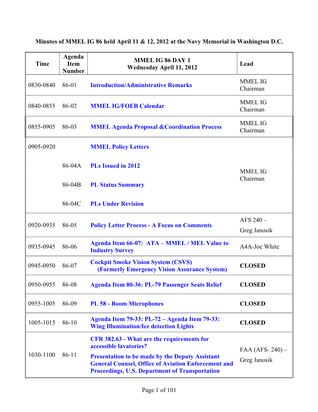 MMEL IG 86 Agenda/Minutes