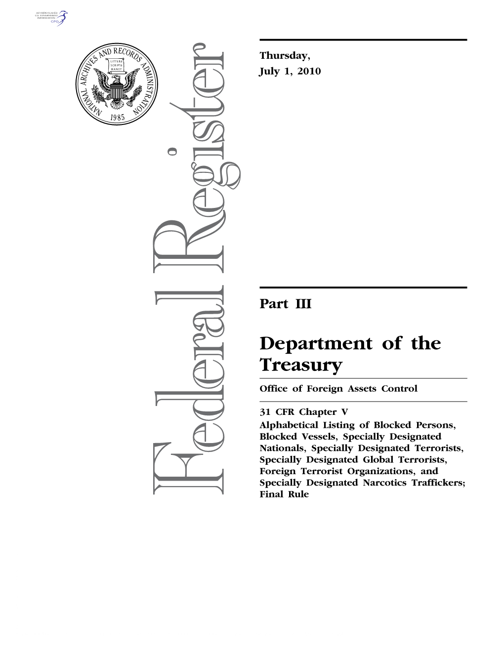 Department of the Treasury Office of Foreign Assets Control