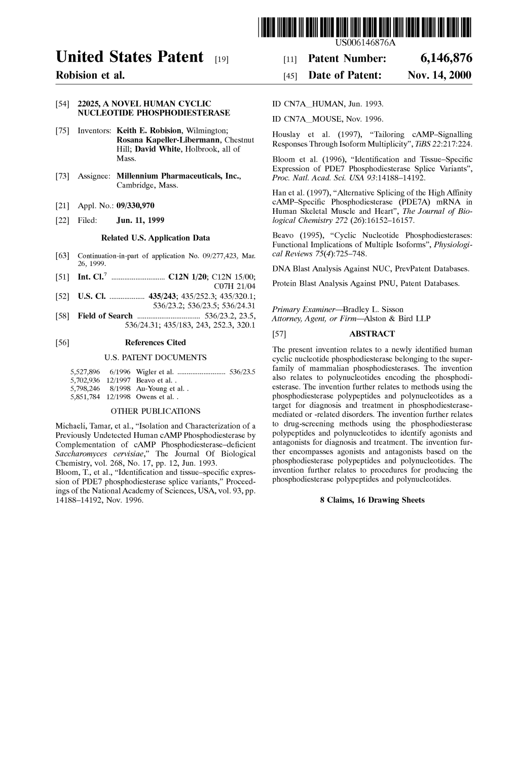 United States Patent (19) 11 Patent Number: 6,146,876 Robision Et Al