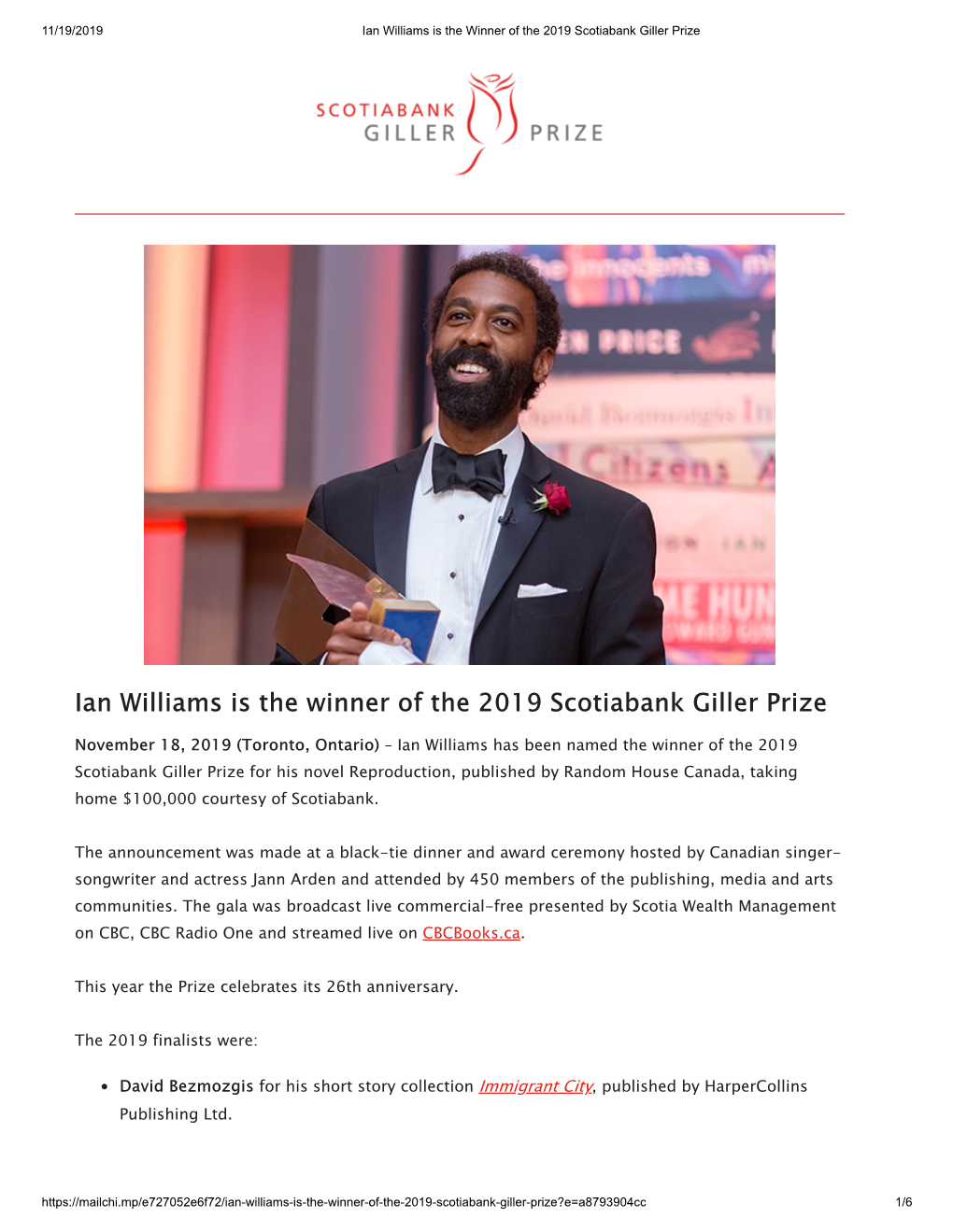 Ian Williams Is the Winner of the 2019 Scotiabank Giller Prize