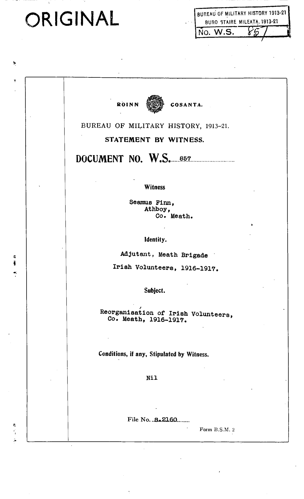 ROINN COSANTA. BUREAU of MILITARY HISTORY, 1913-21. STATEMENT by WITNESS. DOCUMENT NO. W.S. 857 Witness Seamus Finn, Athboy