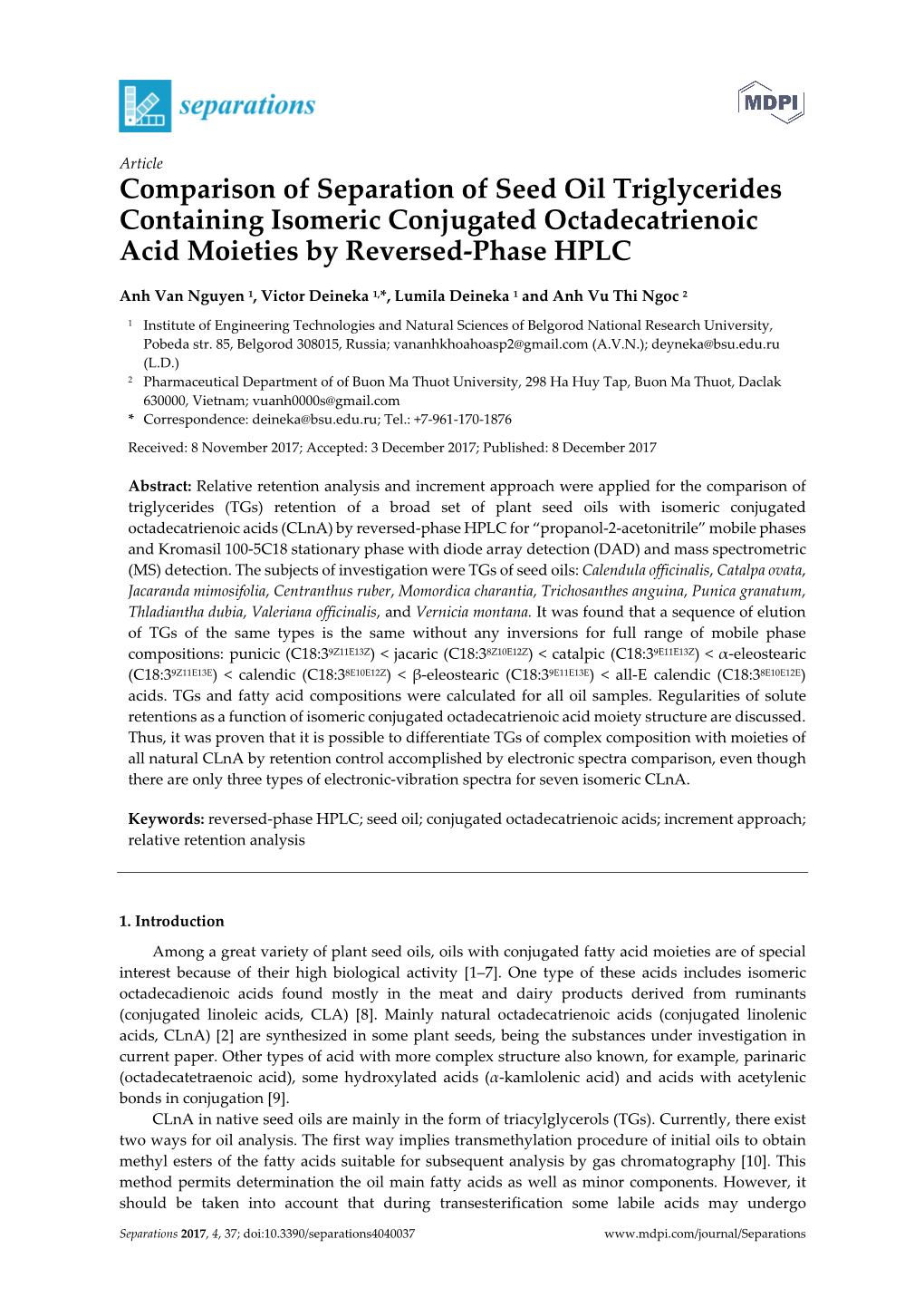 Comparison of Separation of Seed Oil Triglycerides Containing Isomeric Conjugated Octadecatrienoic Acid Moieties by Reversed-Phase HPLC