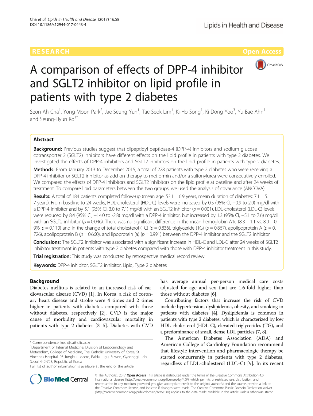 A Comparison of Effects of DPP-4 Inhibitor and SGLT2 Inhibitor On