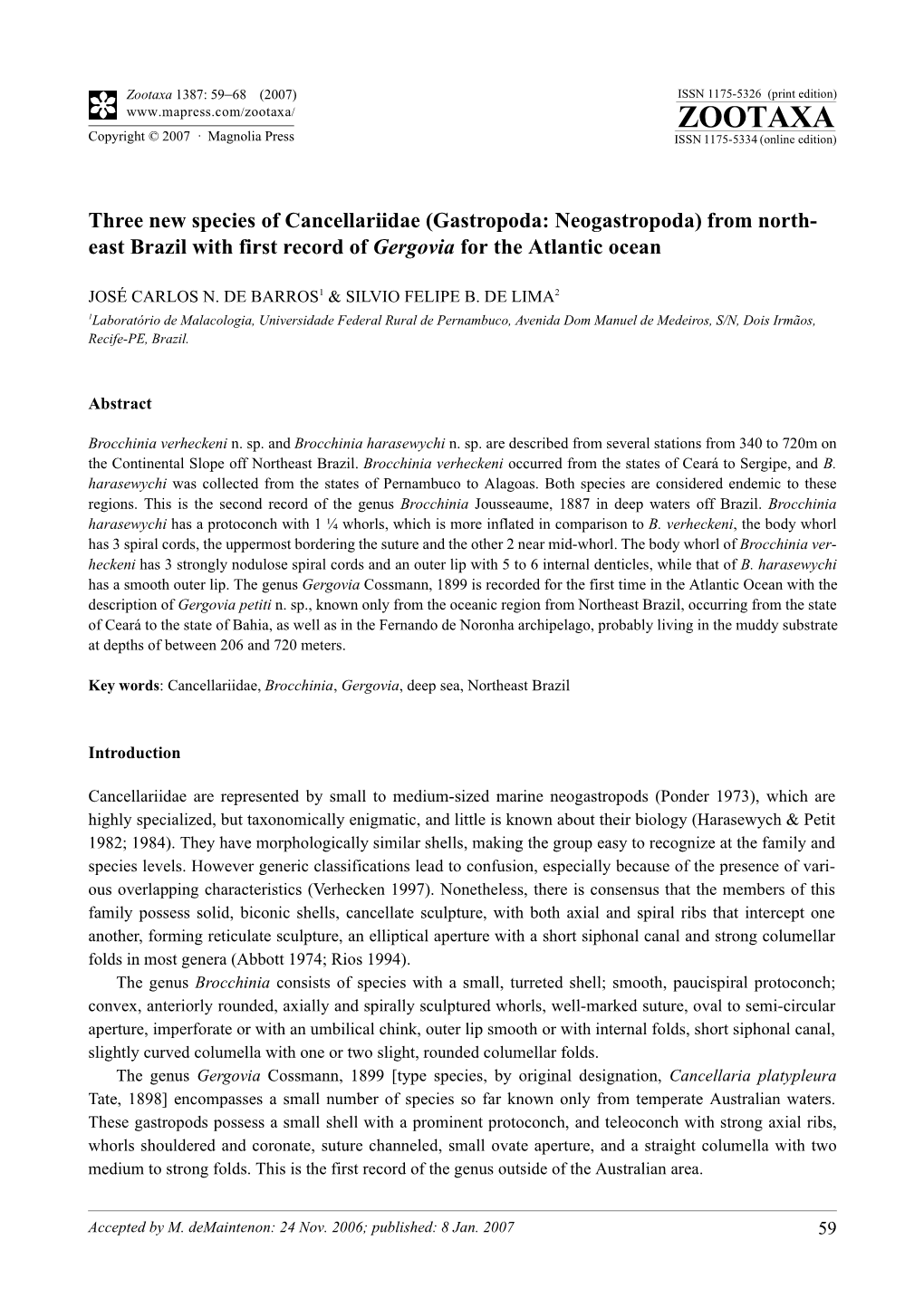 Zootaxa: Three New Species of Cancellariidae (Gastropoda: Neogastropoda) from North-East