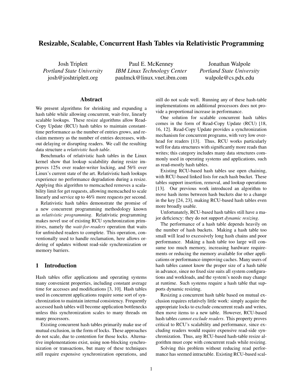 Resizable, Scalable, Concurrent Hash Tables Via Relativistic Programming