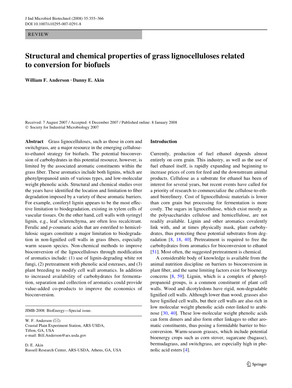 Structural and Chemical Properties of Grass Lignocelluloses Related to Conversion for Biofuels