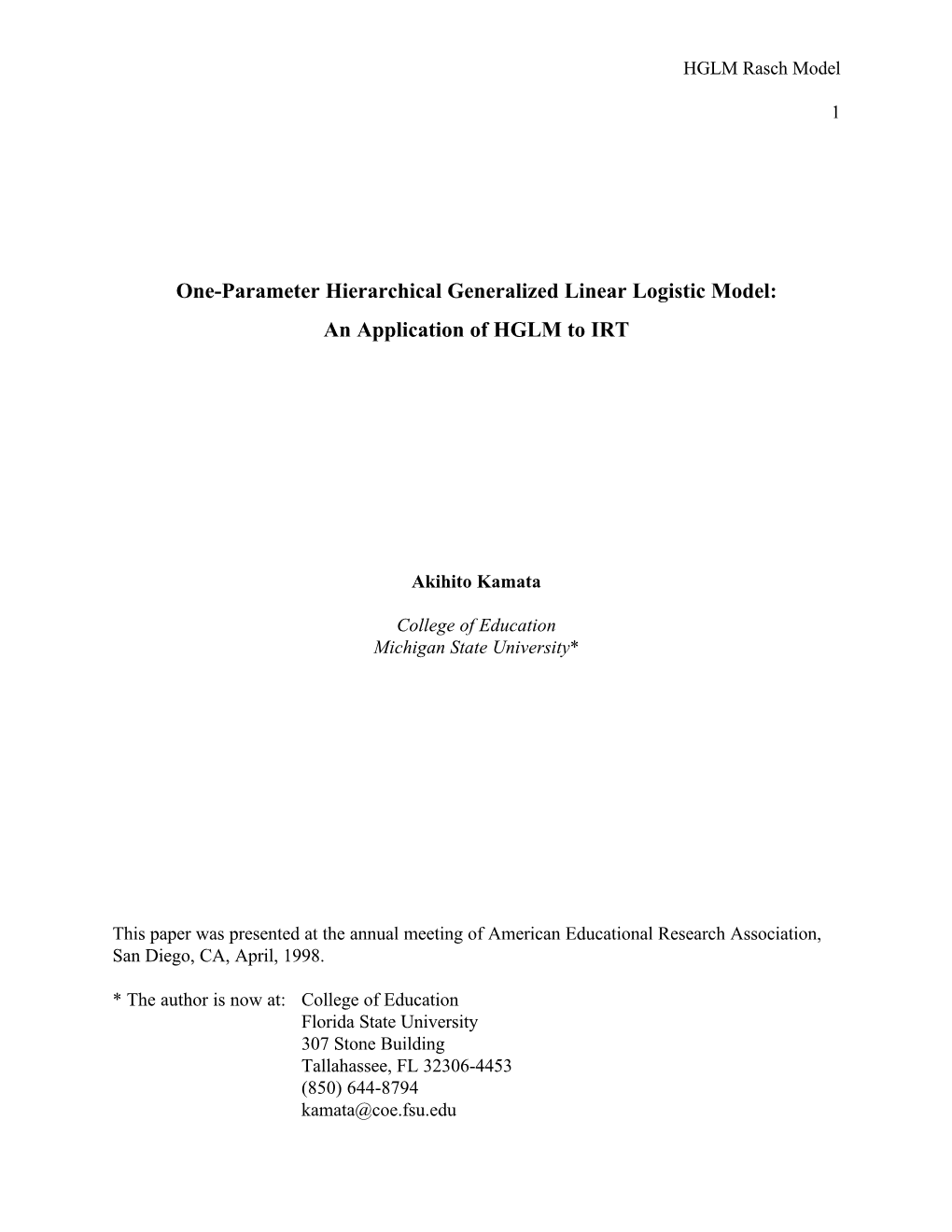 One-Parameter Hierarchical Generalized Linear Logistic Model: an Application of HGLM to IRT