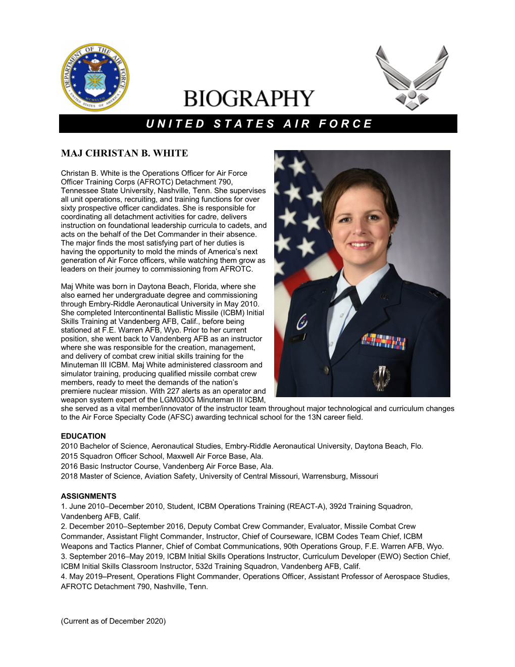 Page 1 (Current As of December 2020) MAJ CHRISTAN B. WHITE