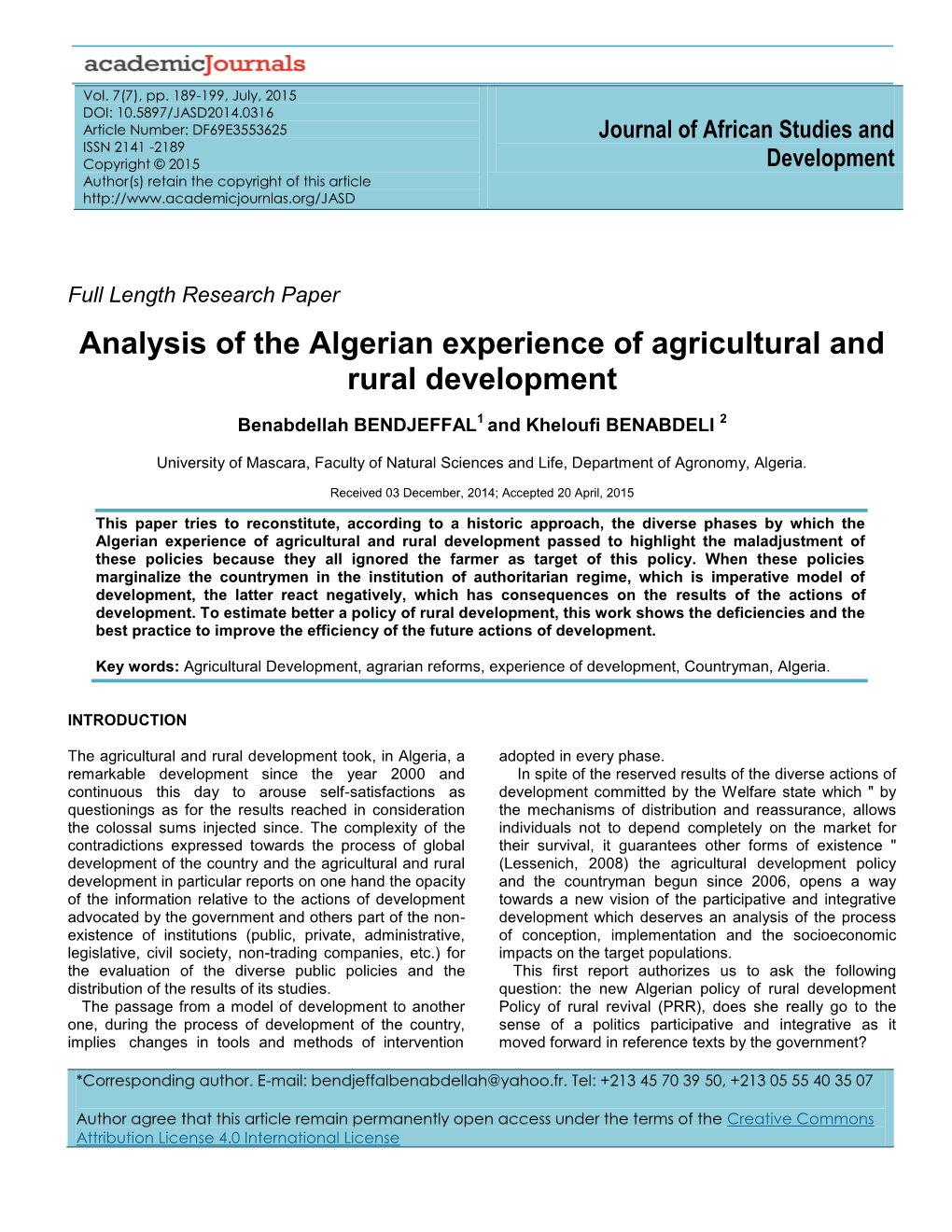 Analysis of the Algerian Experience of Agricultural and Rural Development
