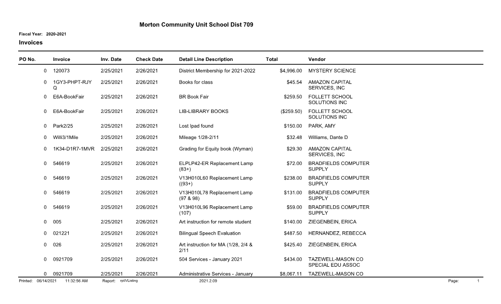 Morton Community Unit School Dist 709 Invoices