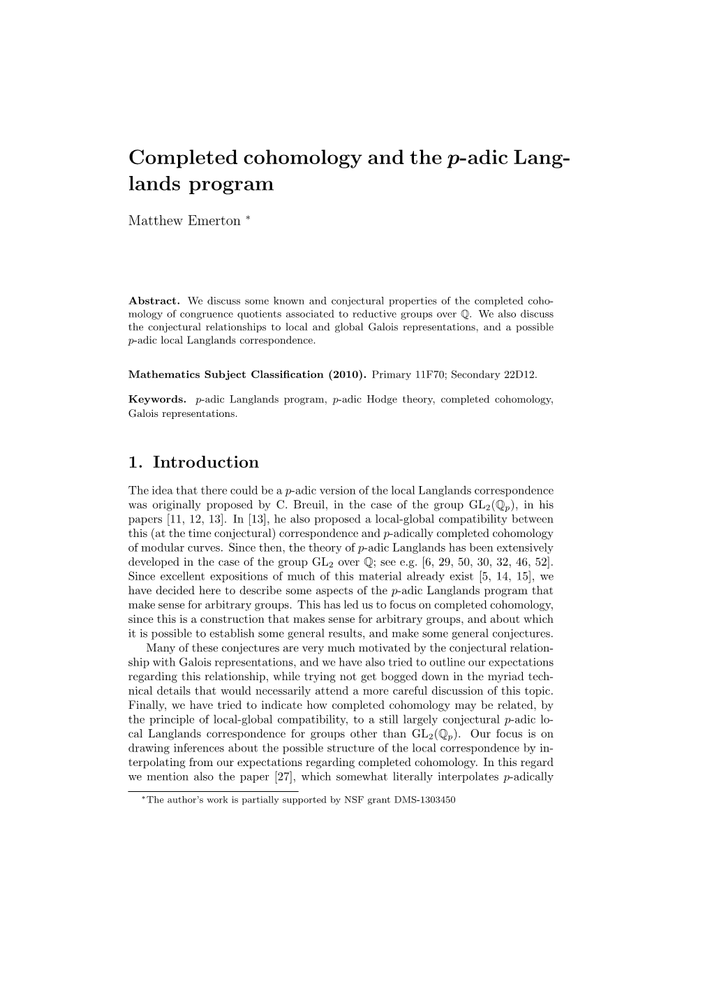 Completed Cohomology and the P-Adic Lang- Lands Program