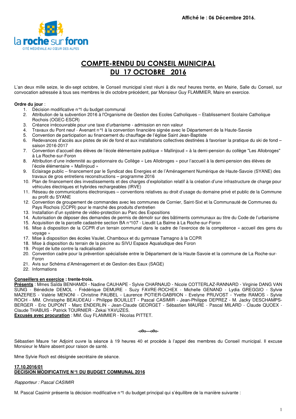 Compte-Rendu Du Conseil Municipal Du 17 Octobre 2016