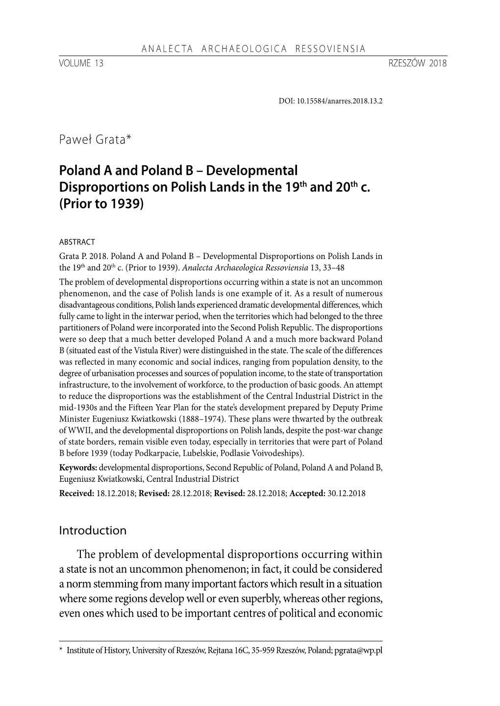 Developmental Disproportions on Polish Lands in the 19Th and 20Th C. (Prior to 1939)