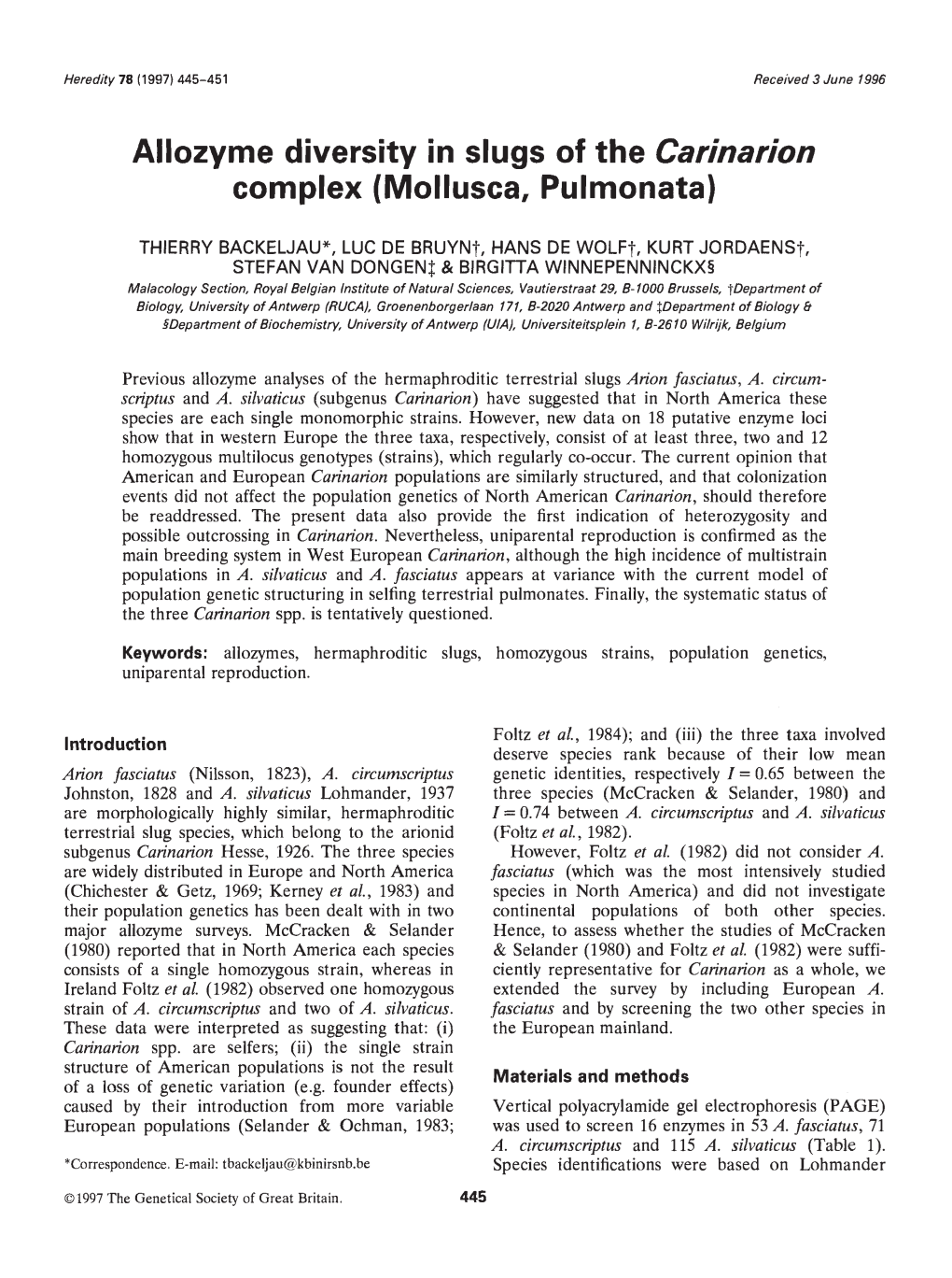 Allozyme Diversity in Slugs of the Carinarion Complex (Mollusca, Pulmonata)