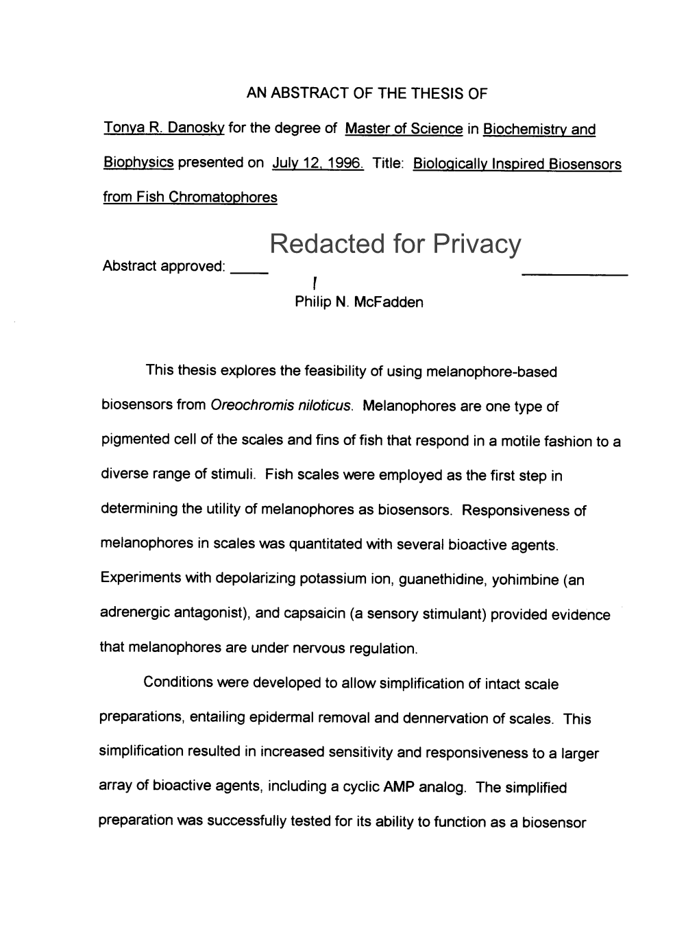 Biologically Inspired Biosensors from Fish Chromatophores Redacted for Privacy Abstract Approved