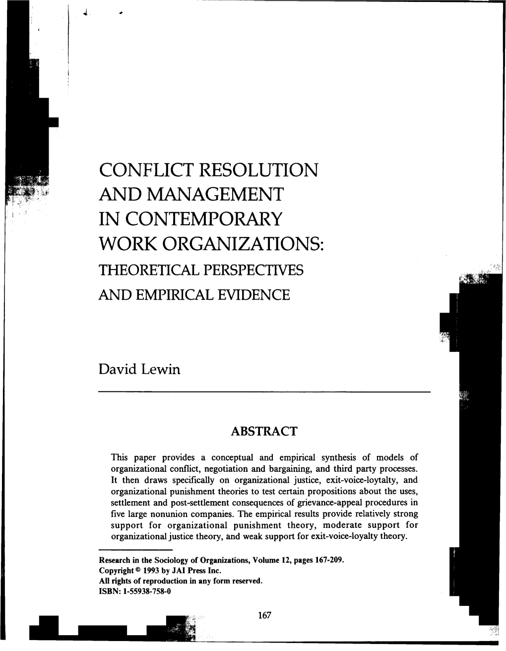 CONFLICT RESOLUTION and MANAGEMENT in CONTEMPORARY WORK ORGANIZATIONS: Theorellcal PERSPECTNES '"",'"