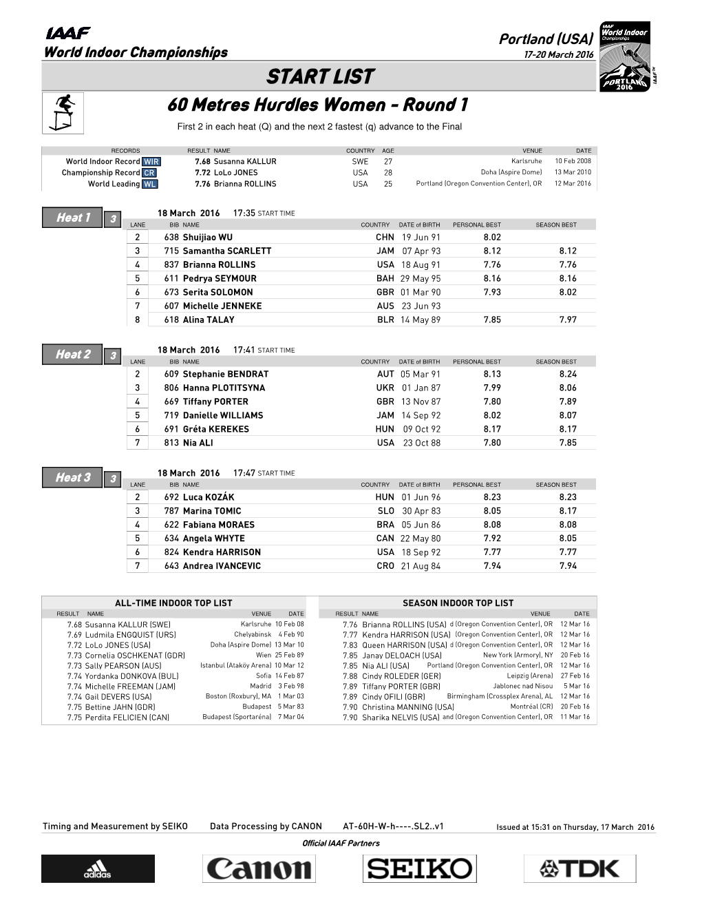 START LIST 60 Metres Hurdles Women - Round 1 First 2 in Each Heat (Q) and the Next 2 Fastest (Q) Advance to the Final