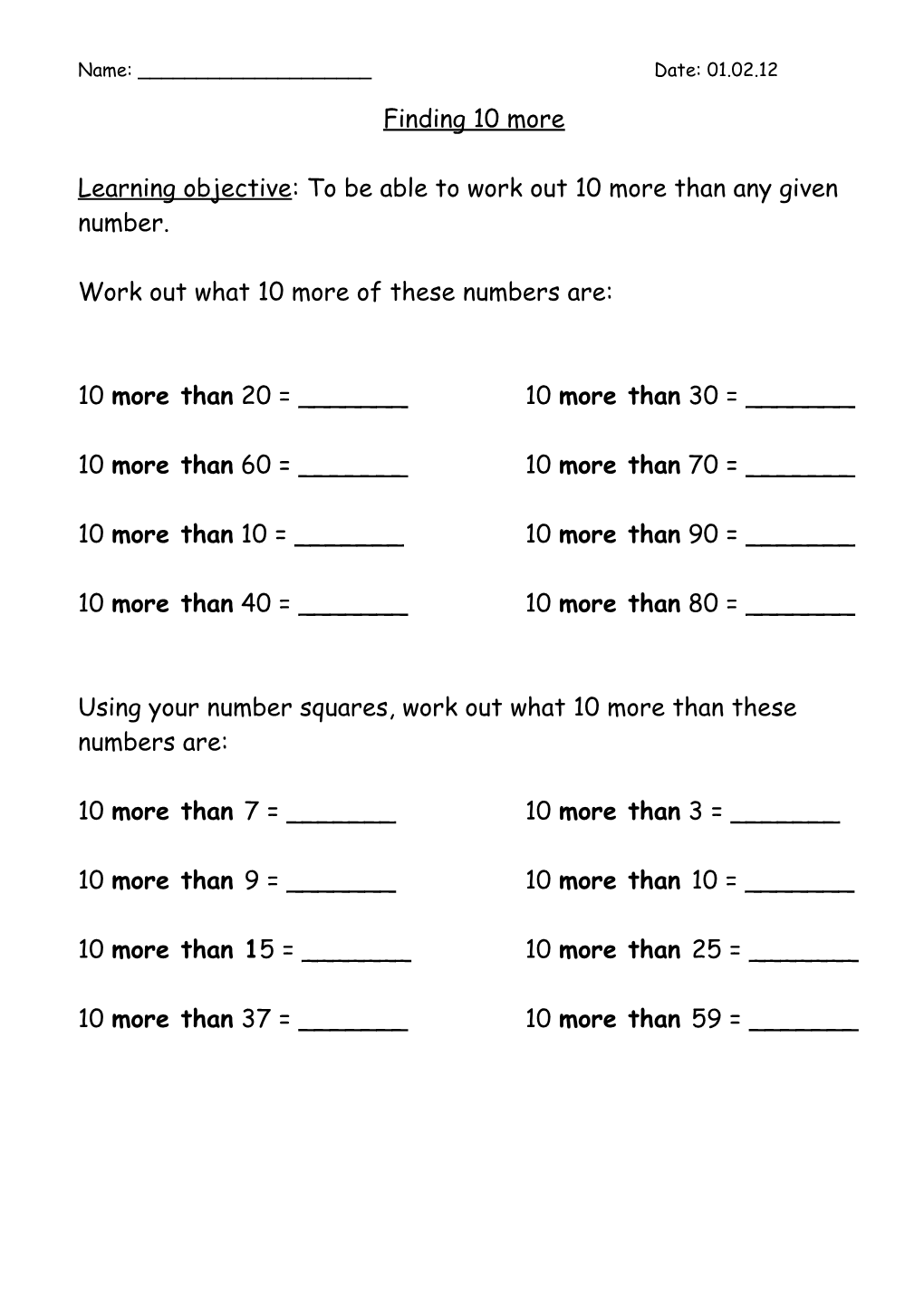 Learning Objective: to Be Able to Work out 10 More Than Any Given Number