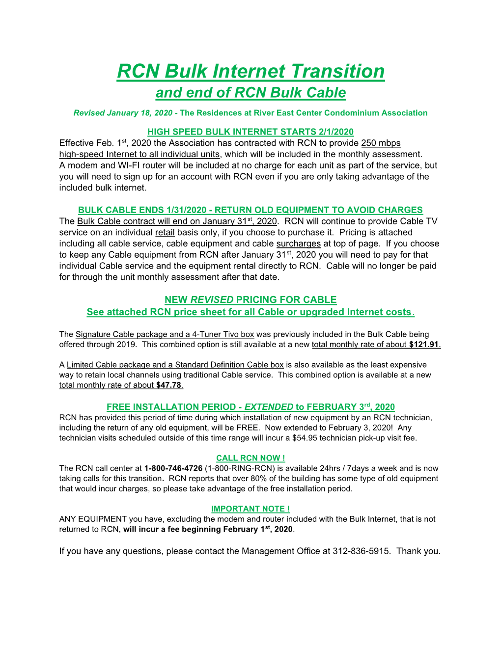 RCN Bulk Internet Transition and End of RCN Bulk Cable