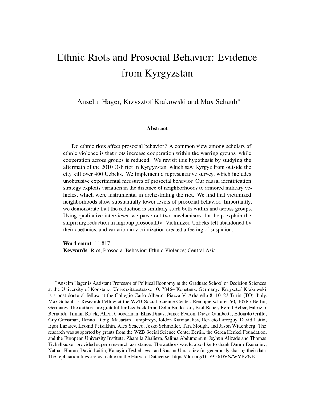 Ethnic Riots and Prosocial Behavior: Evidence from Kyrgyzstan