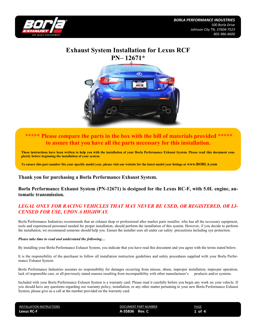 Exhaust System Installation for Lexus RCF PN– 12671*