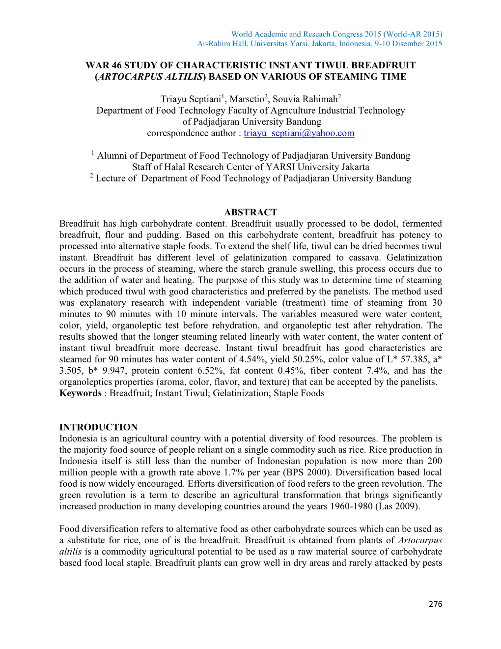 WAR 46 STUDY of CHARACTERISTIC INSTANT TIWUL BREADFRUIT (ARTOCARPUS ALTILIS) BASED on VARIOUS of STEAMING TIME Triayu Septiani1