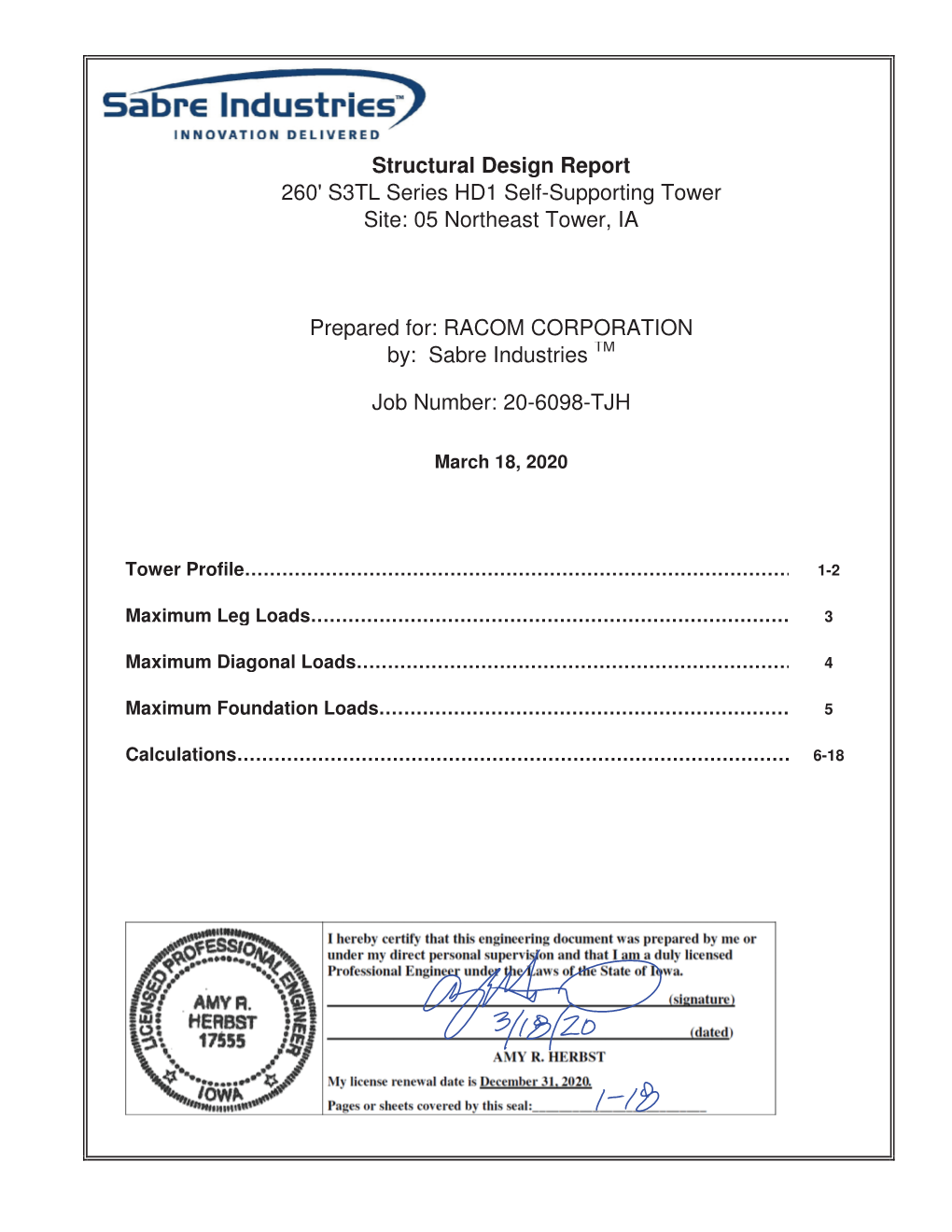 Structural Design Report 260' S3TL Series HD1 Self-Supporting Tower Site: 05 Northeast Tower, IA