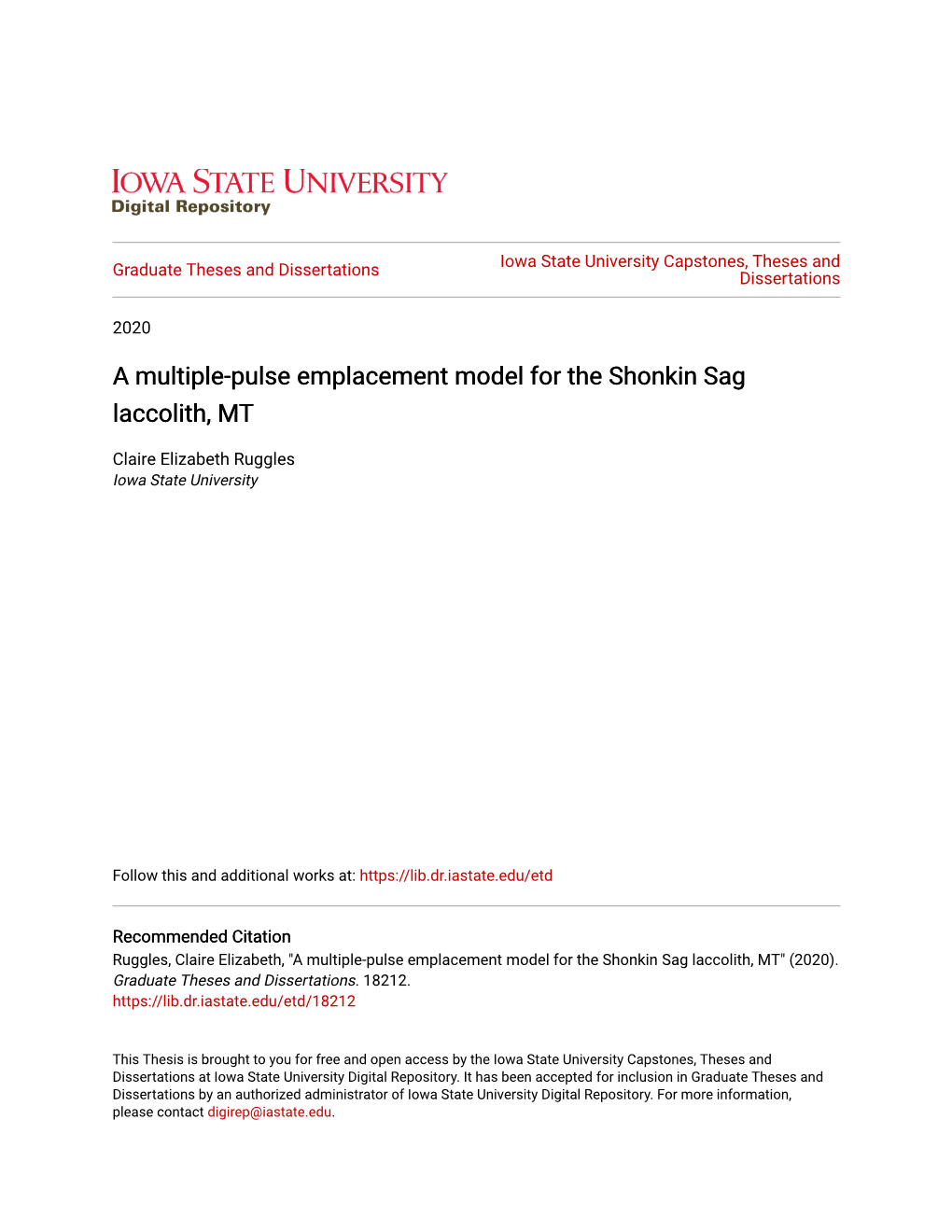 A Multiple-Pulse Emplacement Model for the Shonkin Sag Laccolith, MT